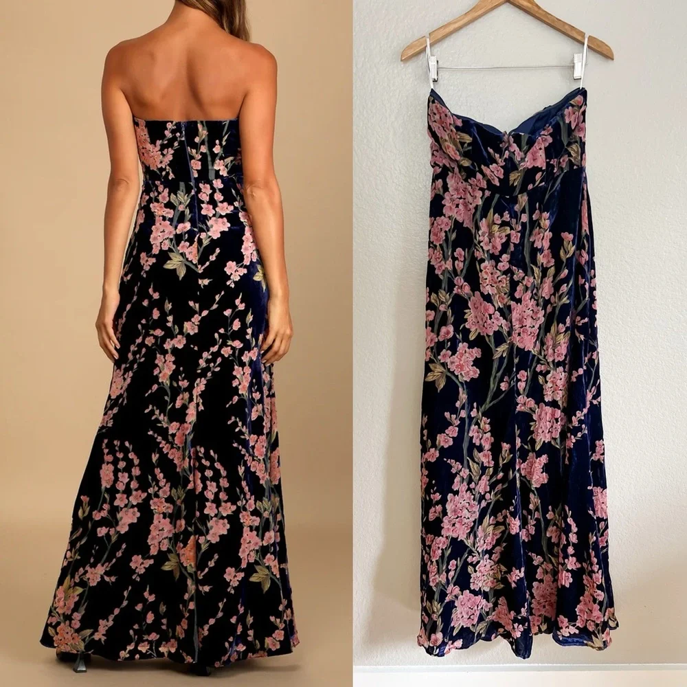 Navy Blue Floral Print Velvet Strapless Maxi Dress NWOT XL_2
